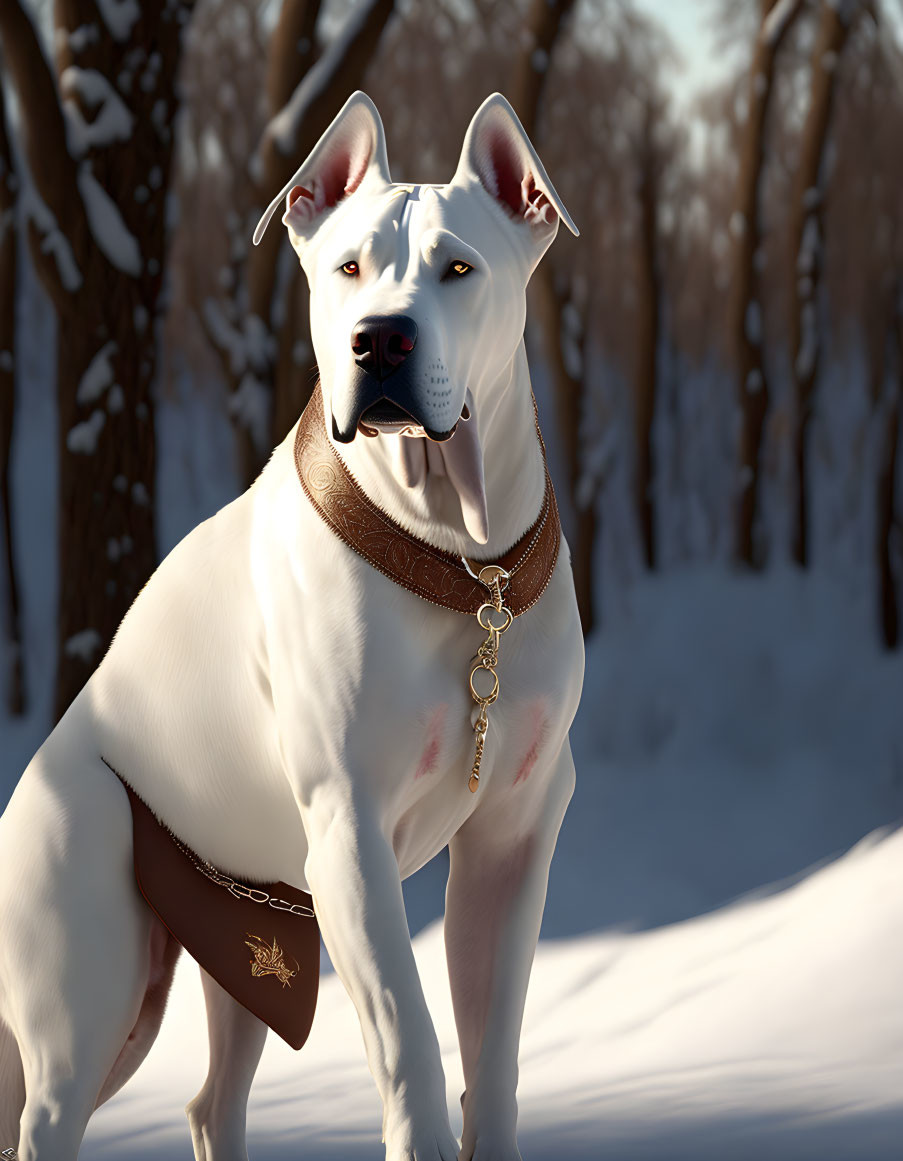 White dog with leather harness and gold pendant in snowy forest.