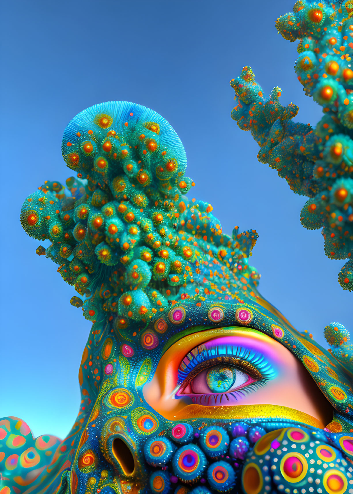 Colorful surreal figure with blue eye in vivid fractal art