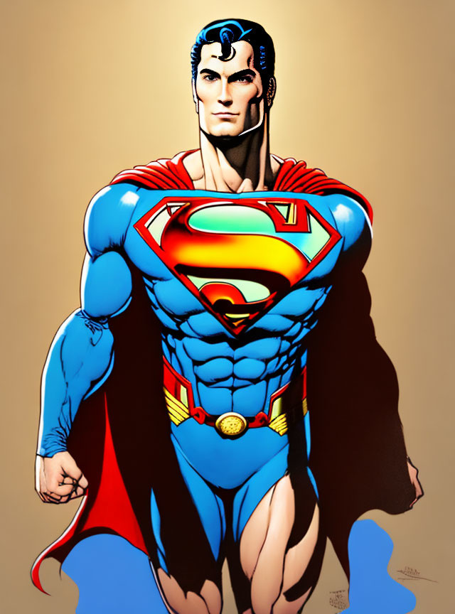 Superman in blue suit with red cape and 'S' emblem