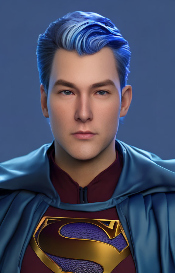 Stylized image of person with blue hair in Superman costume