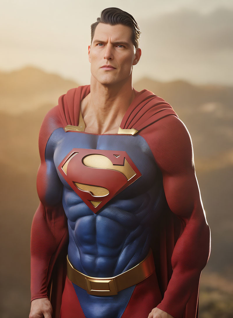 Person in Superman Costume Stands Confidently Against Mountainous Backdrop