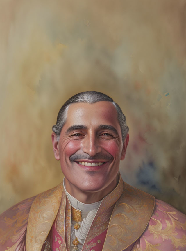 Smiling man with mustache in historical attire on textured background