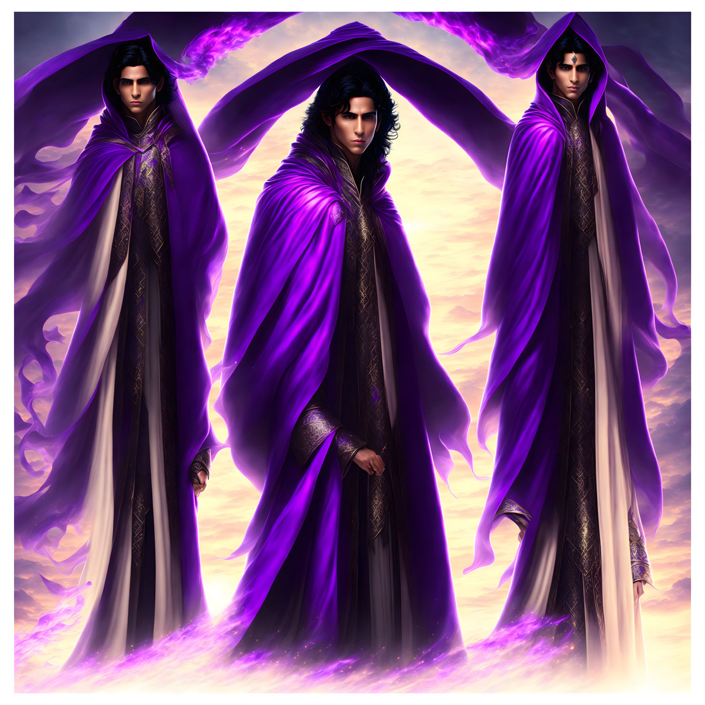 Mystical purple cloaks figures with glowing eyes on purple backdrop