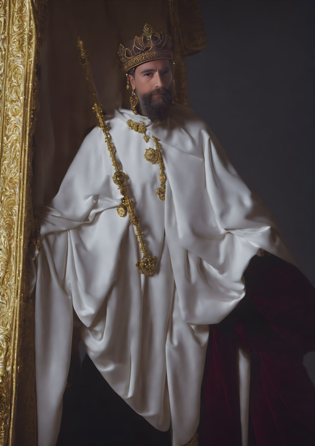 Regal man in crown and cape with scepter next to gold frame