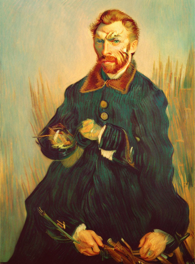 Vivid painting of bearded man with paintbrushes and palette