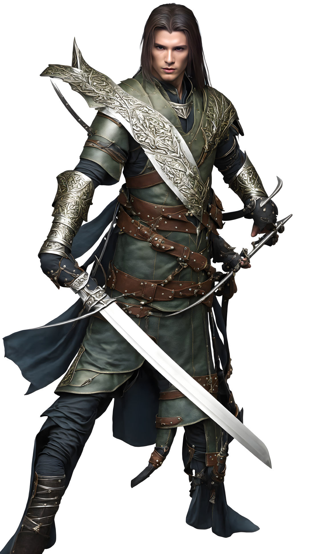 Fantasy male warrior with long hair in green and brown armor.