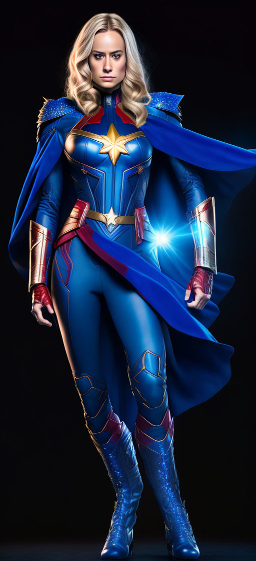 Female superhero in blue and red costume with gold star emblem and glowing fist on dark background