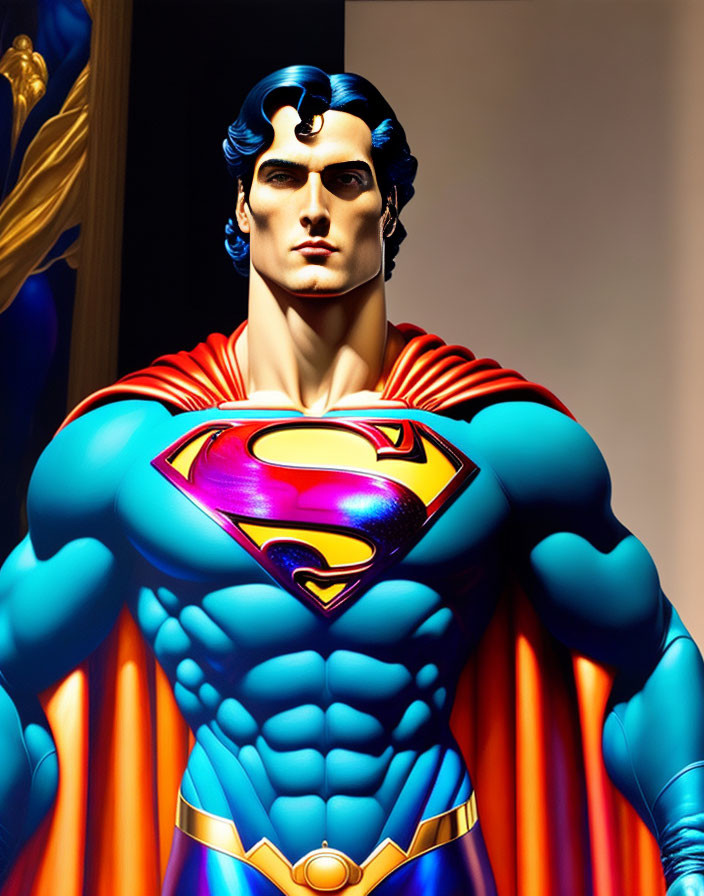 Realistic Superman statue with red cape and "S" logo, striking heroic pose