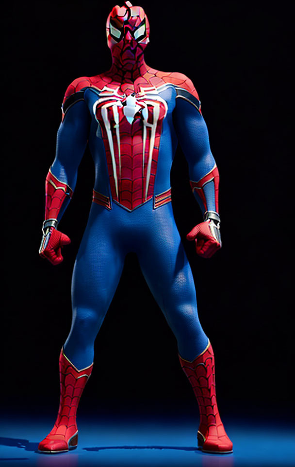 Superhero 3D rendering in red and blue costume with web patterns and spider emblem