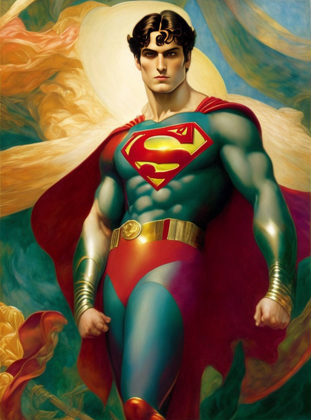 Stylized Superman portrait in traditional costume against vibrant backdrop