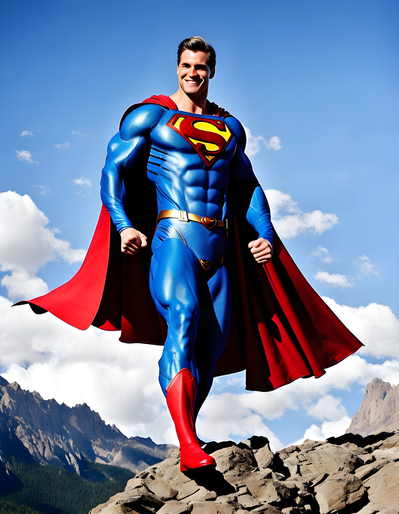 Vibrant Superman costume on person against mountain backdrop