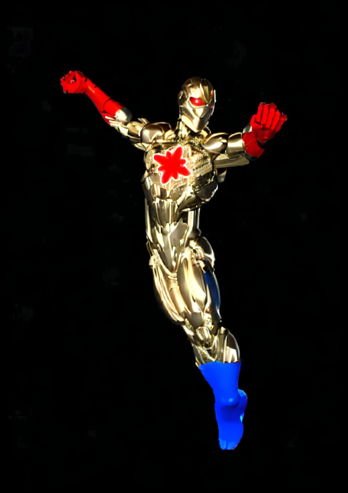 Gold and Red Armored Figure with Emblem on Chest Floating on Black Background