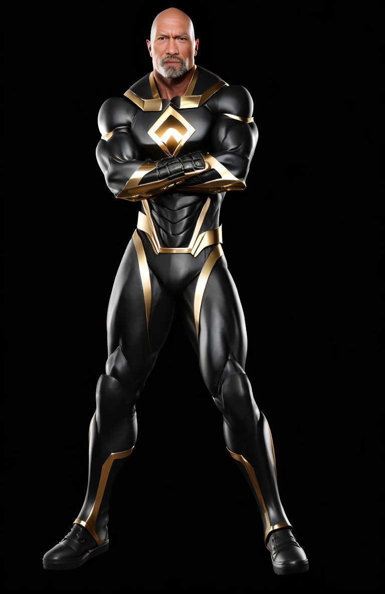 Superhero in black and gold suit with lightning bolt belt buckle