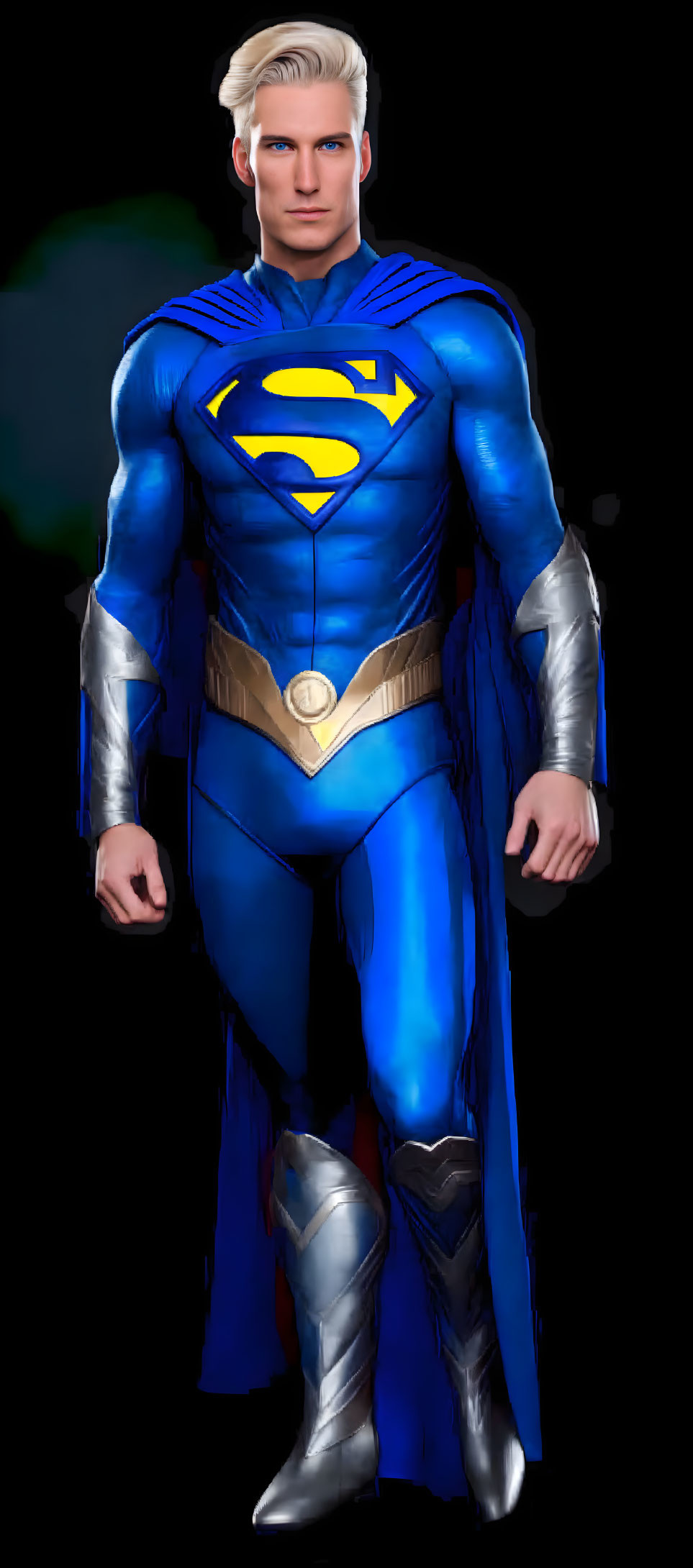 Realistic digital art of man in blue Superman costume with red cape