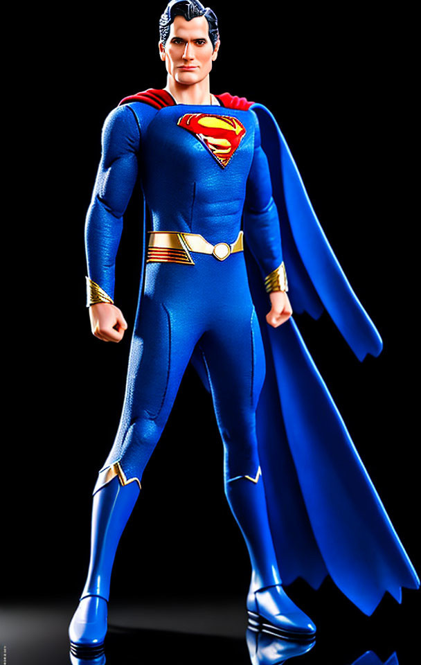 Superman Figure in Blue Suit and Red Cape on Black Background