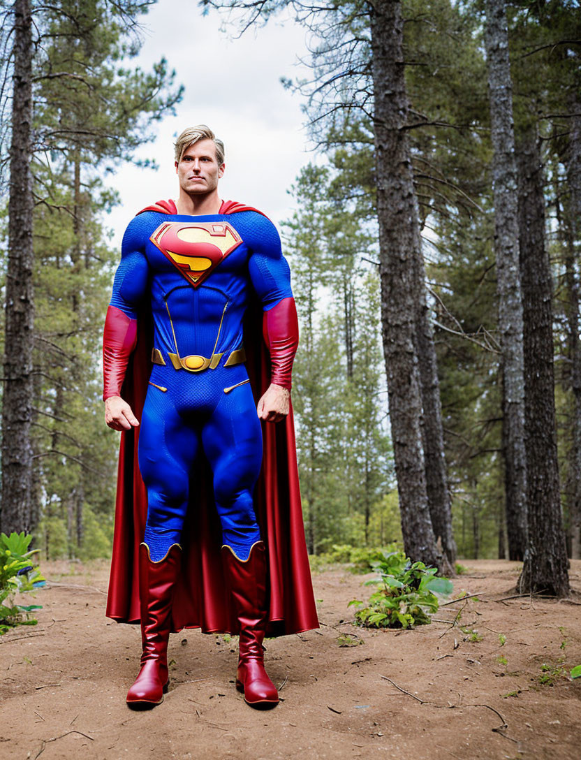 Person in Superman costume in forest with tall trees, red cape, blue suit, and red boots