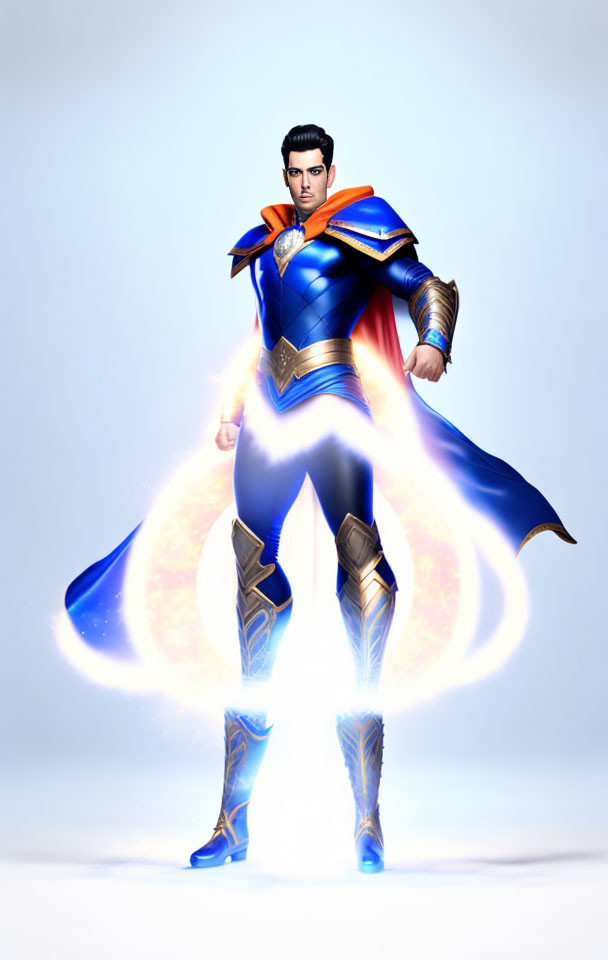 Muscular superhero in blue and red suit with gold accents and energy aura