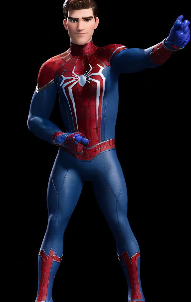 Male superhero in red and blue tight-fitting suit with spider web design on dark backdrop