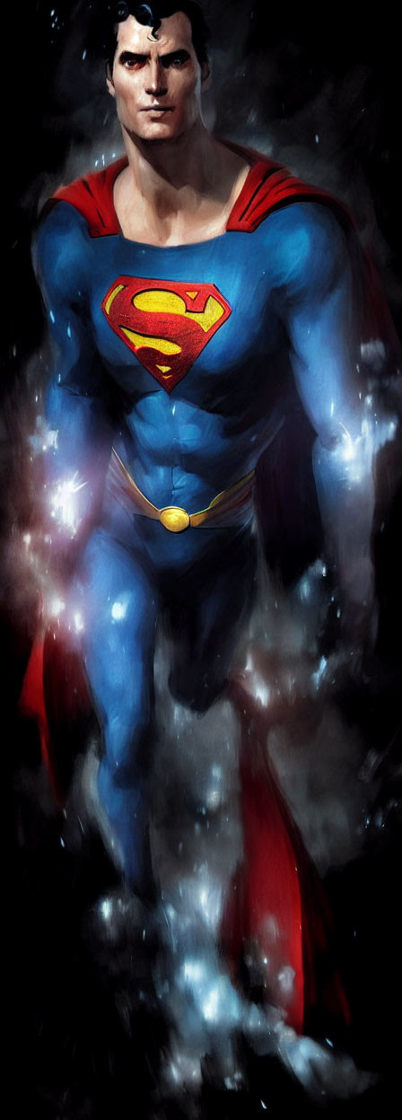 Illustration of superhero in blue suit with red cape and 'S' emblem, exuding determination.