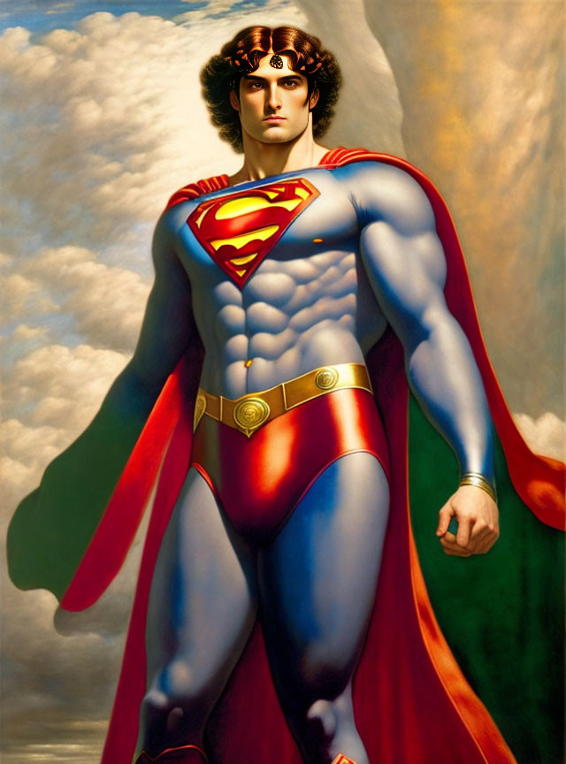 Muscular superhero with red cape and 'S' emblem in confident stance against cloudy sky.