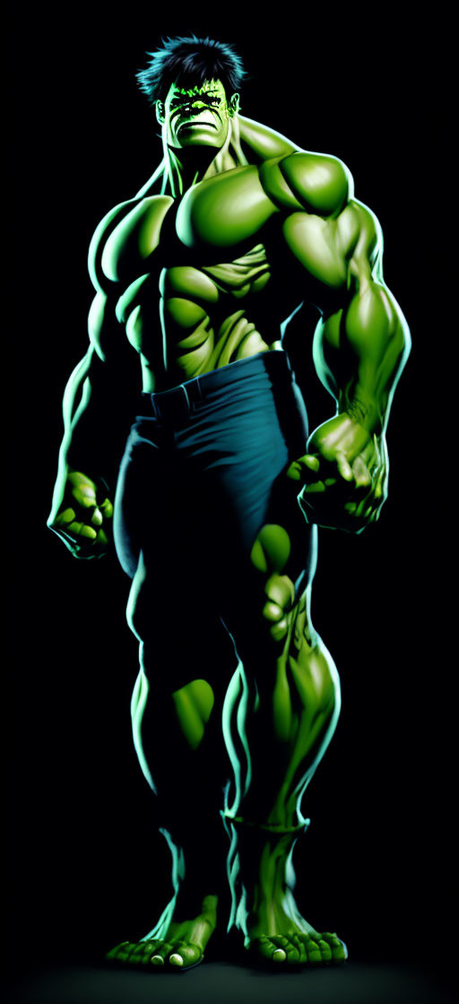 Muscular, green-skinned character with dark hair in heroic pose on black background