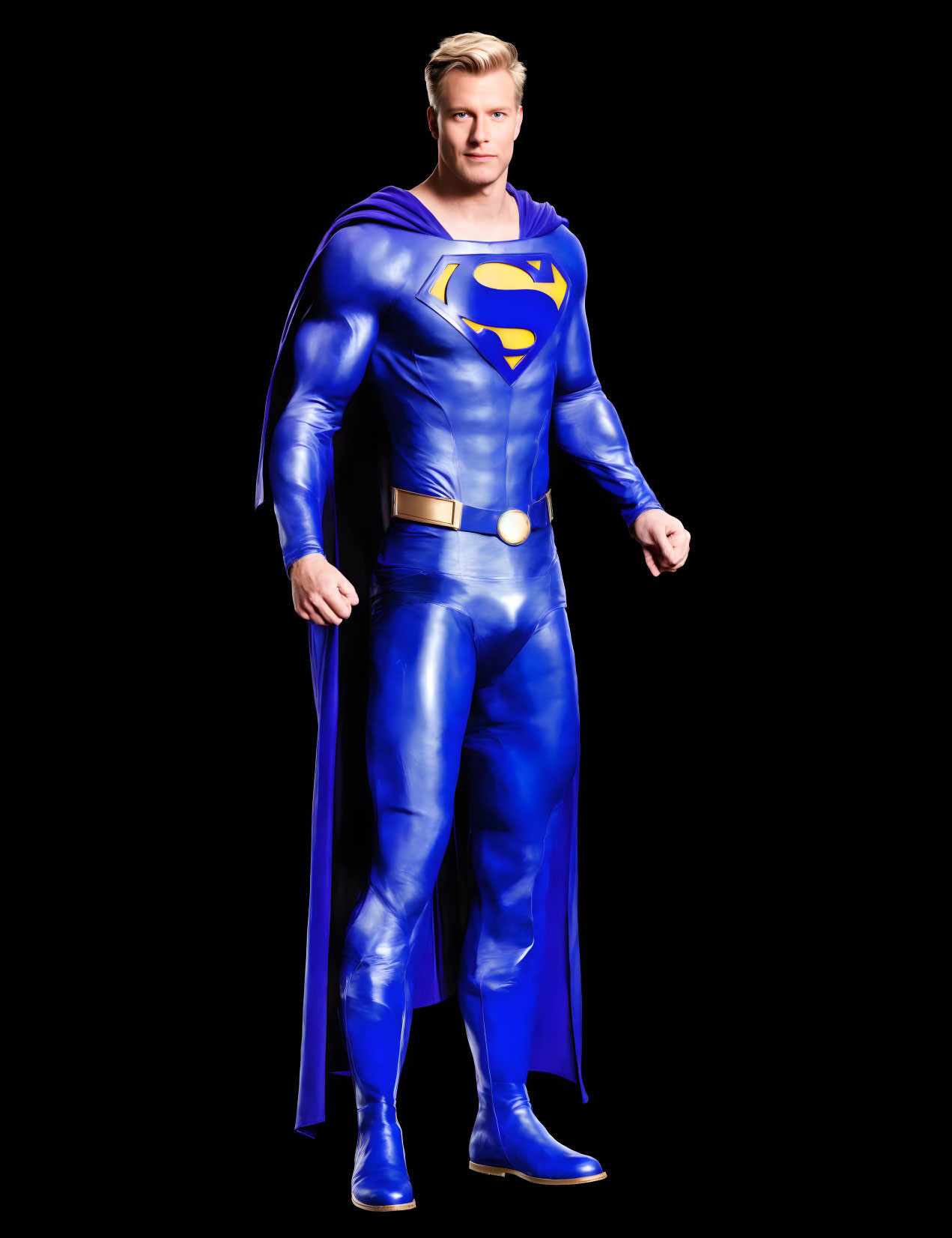 Superman costume with blue suit and red cape on black background