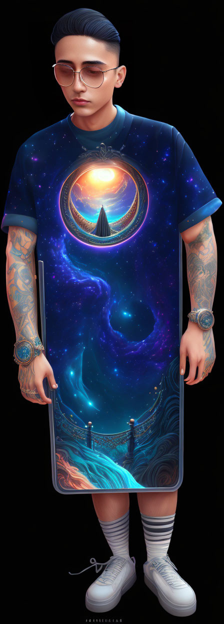 Person with Cosmic-Themed T-Shirt, Tattoos, Glasses, Cap, and Sunglasses