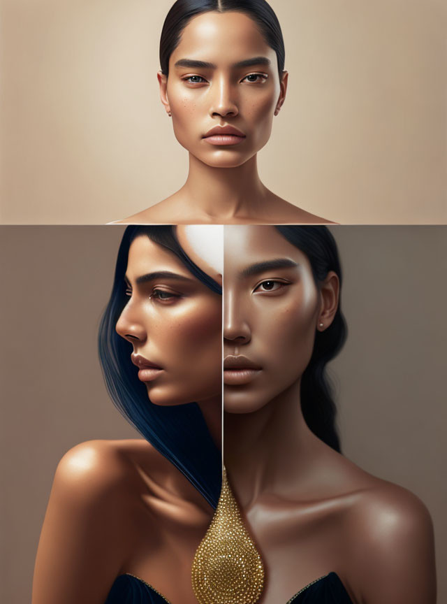 Split-image showing woman's portrait: real photo vs. digital painting, linked by gold tear drop.