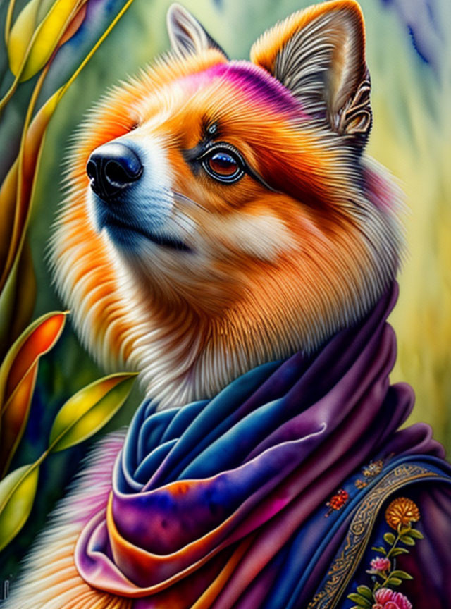 Colorful painting of a corgi in a scarf with human-like eyes and rainbow mane