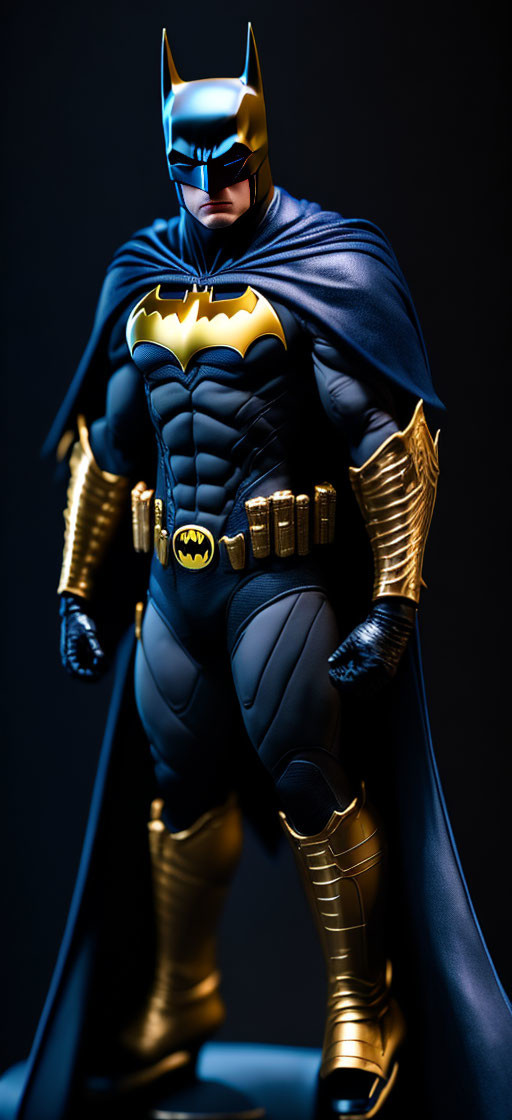 Detailed Batman figurine in black and gold suit with dramatic lighting.