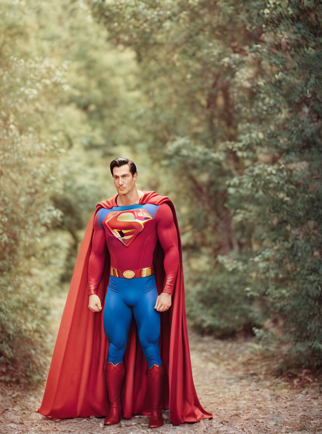 Superman costume with red cape in wooded area