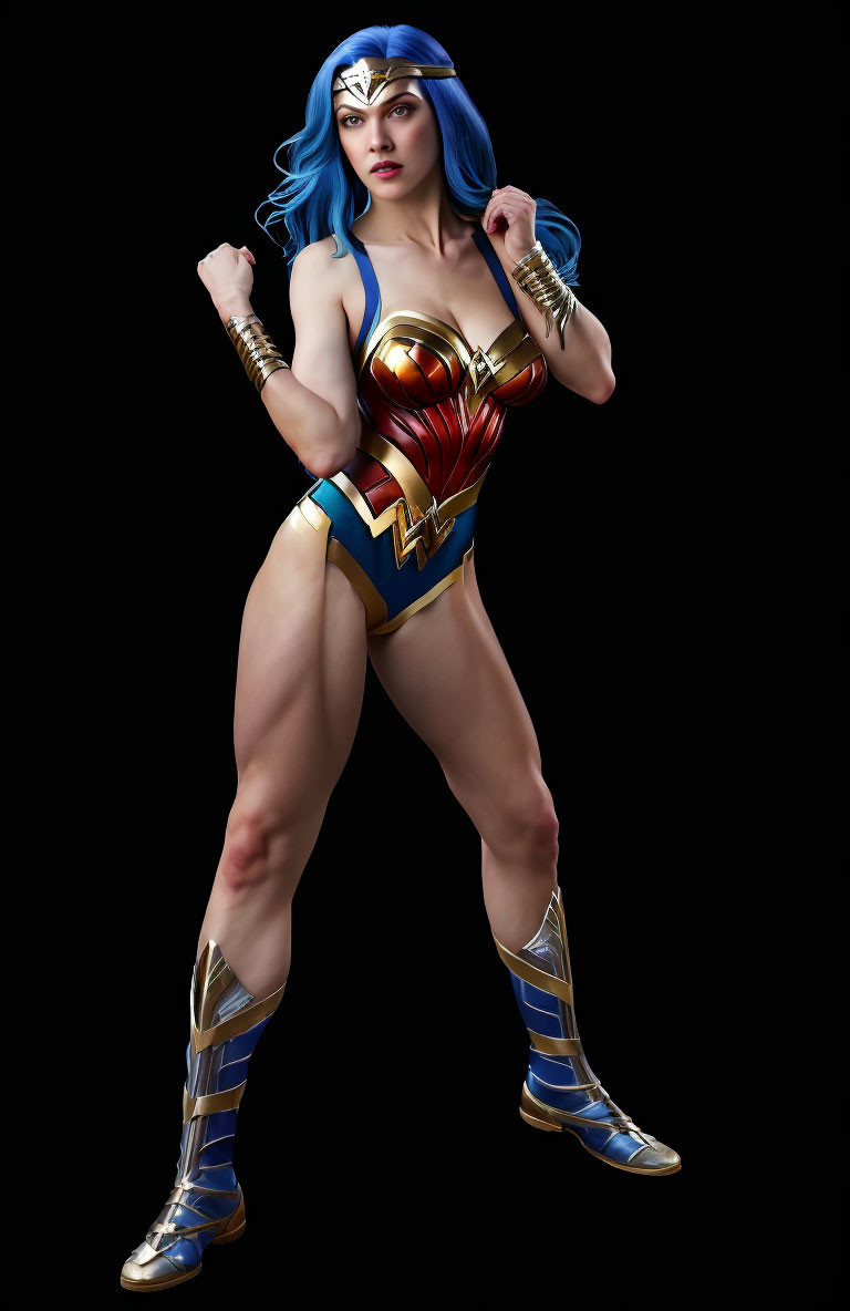 Female superhero in traditional costume with blue, gold, and red armor posing confidently