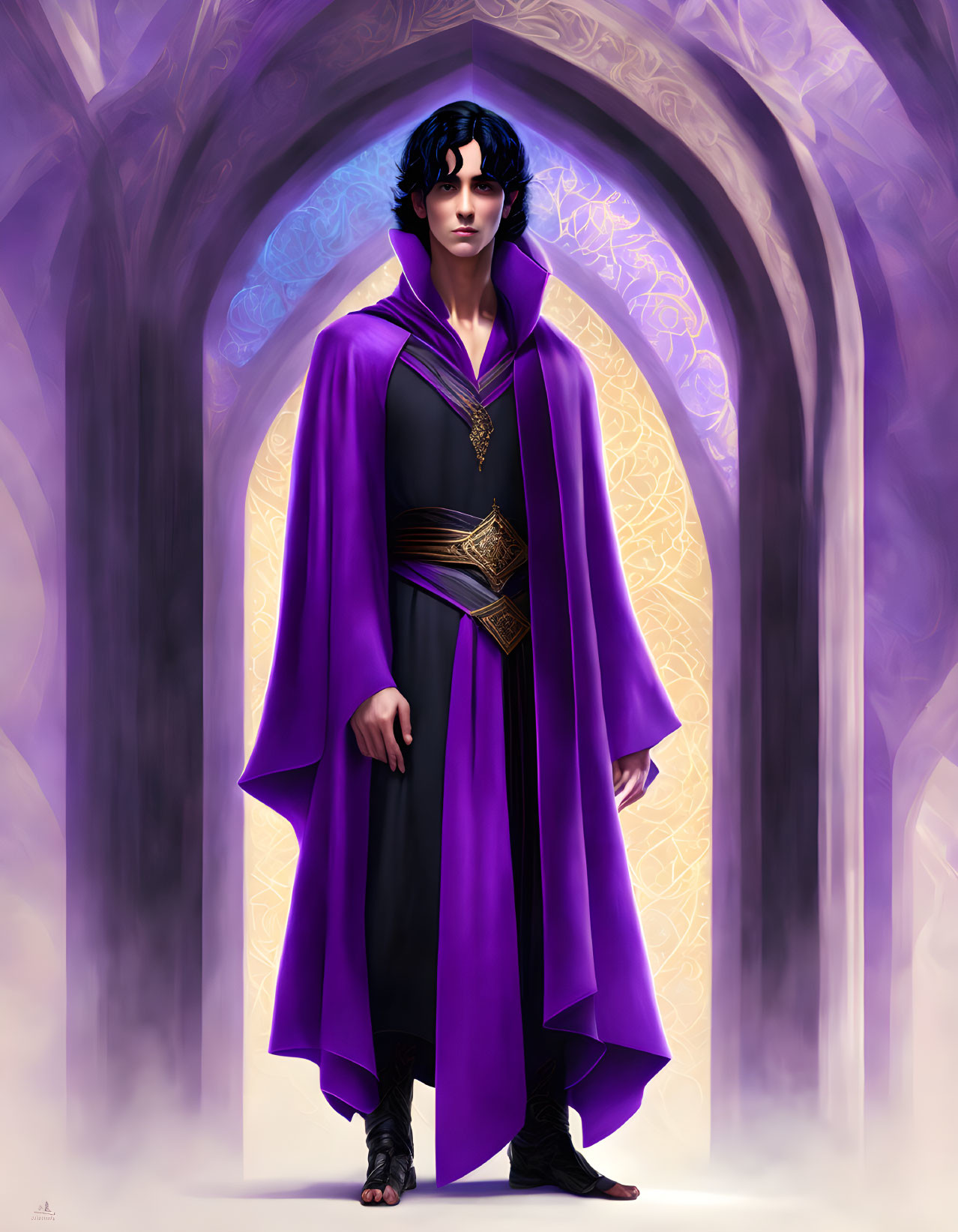 Regal figure in purple cloak before glowing archway