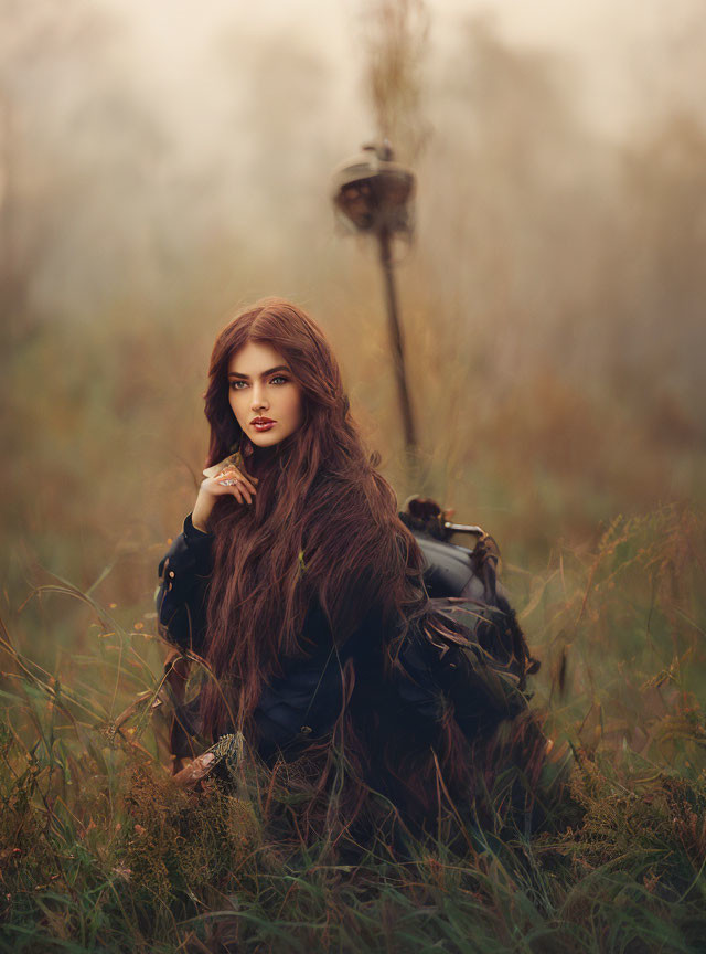 Brunette woman in black jacket sitting in tall grass field with lantern