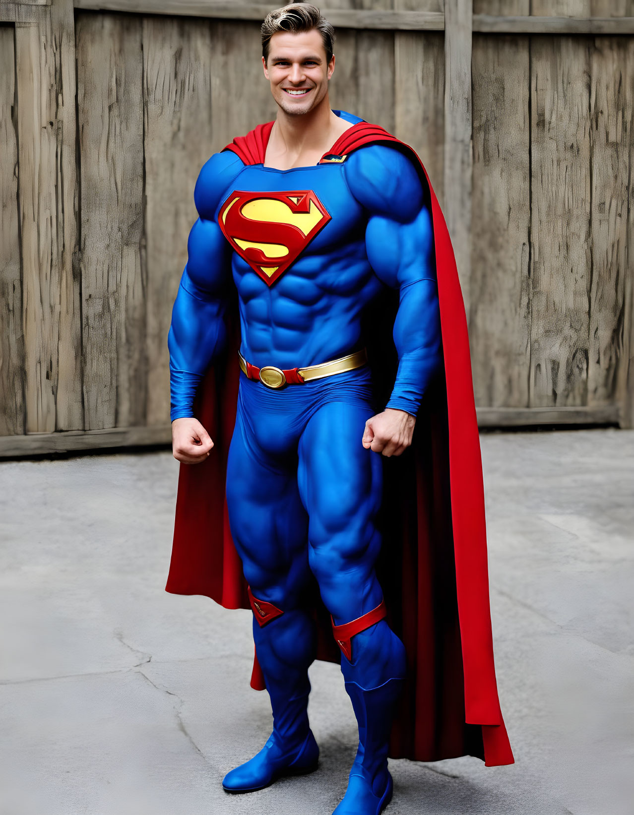 Person in Superman Costume Smiling with Red Cape