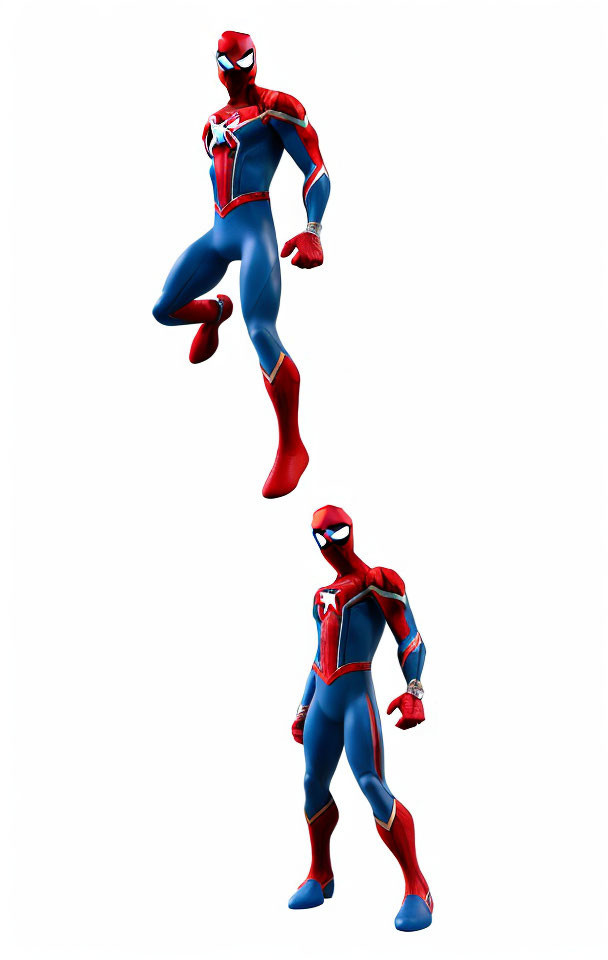 Spider-Man poses in red and blue suit on white background