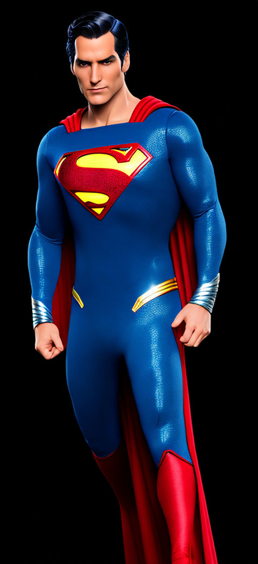 Superman with red cape, blue suit, and 'S' logo standing confidently