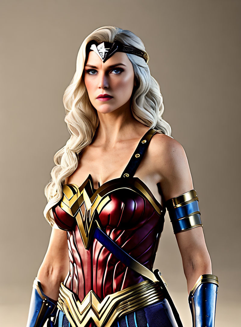 Person in Wonder Woman Costume with Tiara, Armored Corset, and Gauntlets