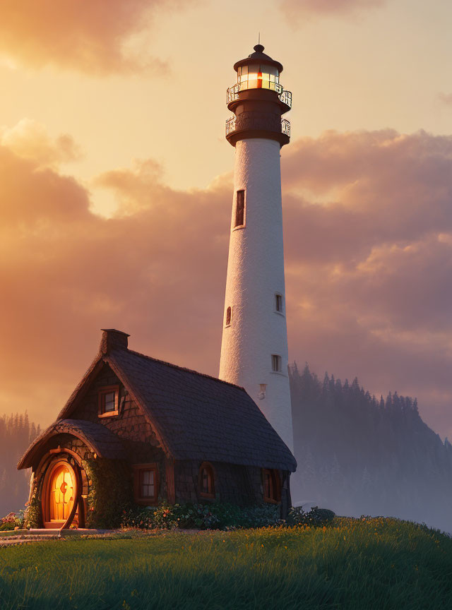 Cozy lighthouse cottage at dusk by the sea