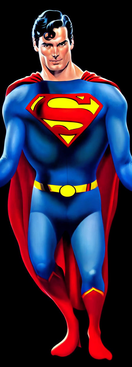 Muscular superhero in blue suit with red cape and 'S' emblem