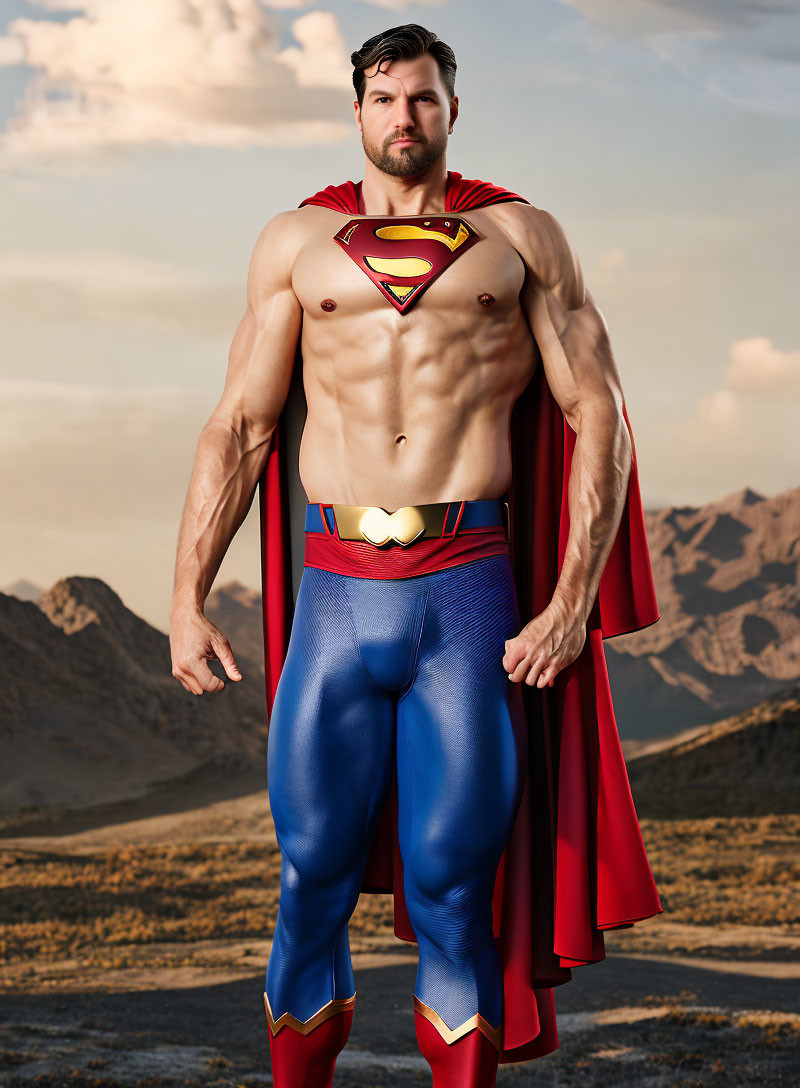 Superman costume with red cape and "S" logo against mountainous backdrop