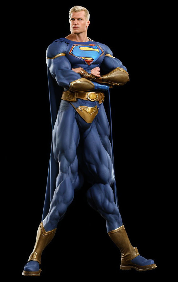 Person in Superman costume standing confidently against black background