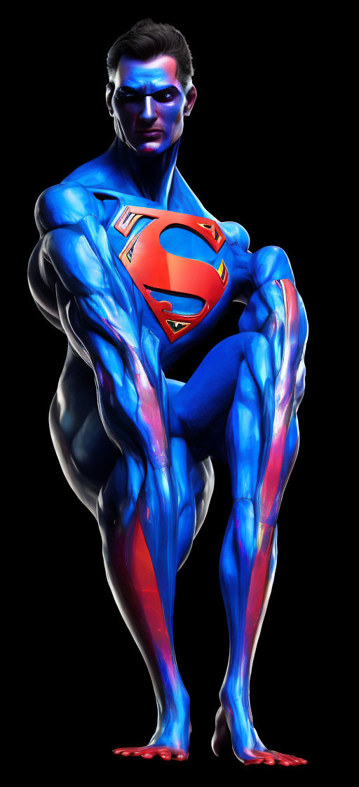 Person with Superman body paint in heroic pose on black background