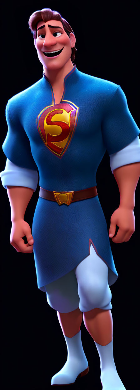 Confident animated character in blue costume with red cape and 'S' emblem