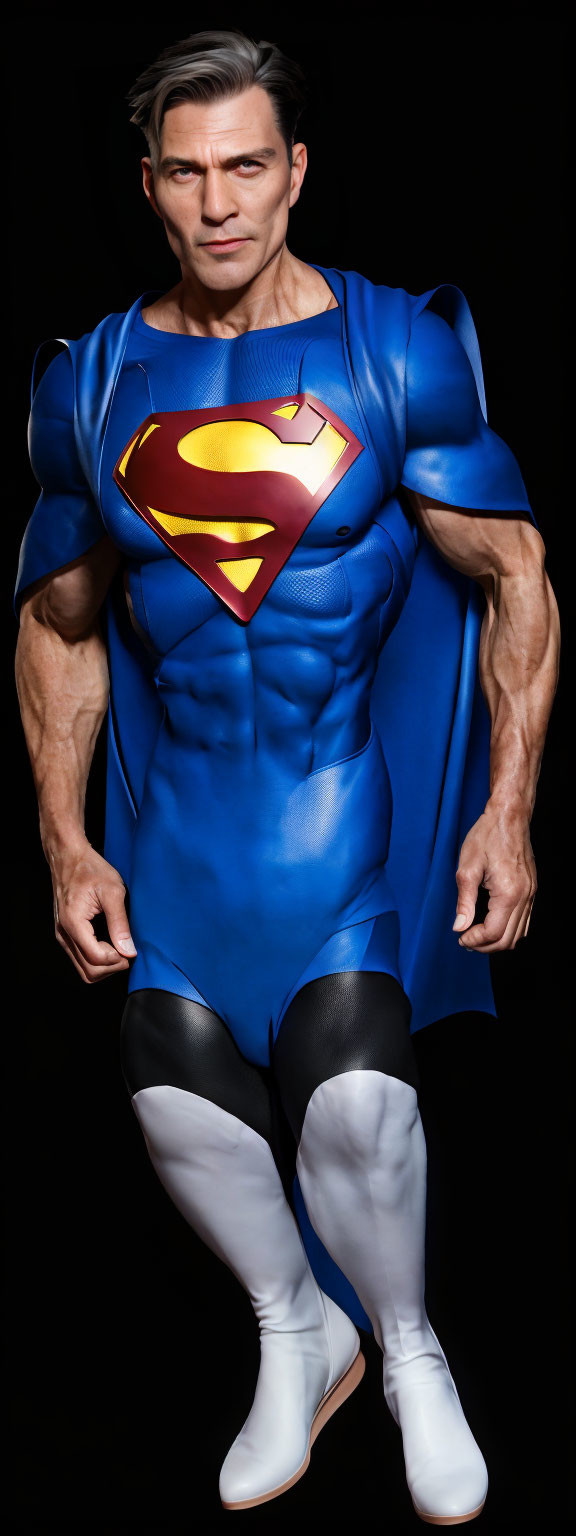 Muscular person in Superman costume with "S" logo, black background