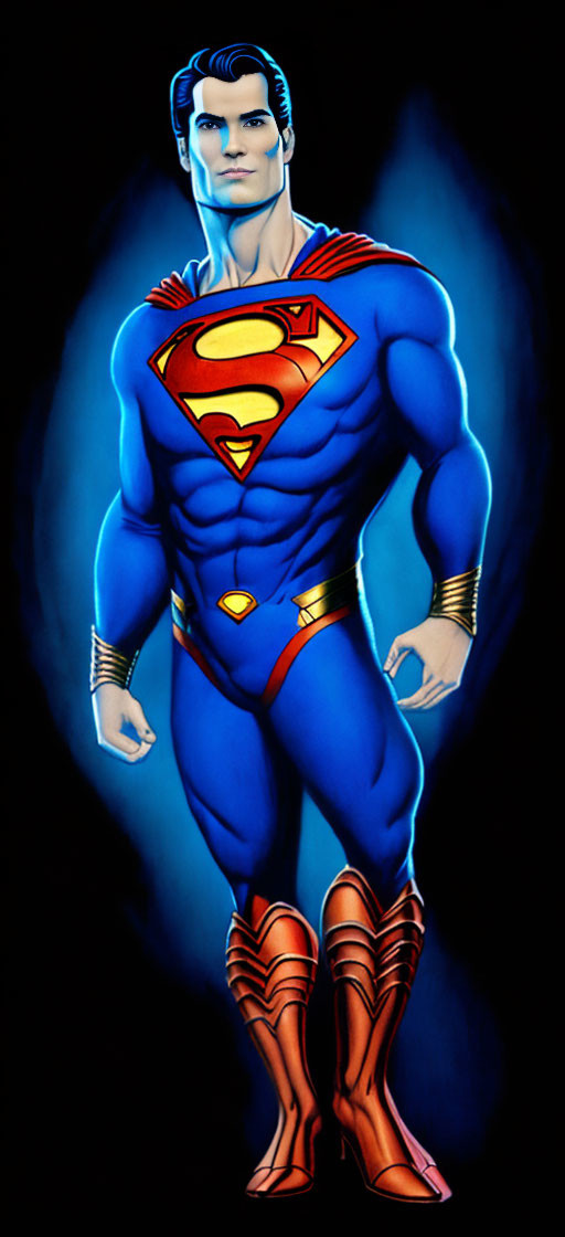 Muscular superhero in blue suit with red cape and 'S' emblem on chest against blue background