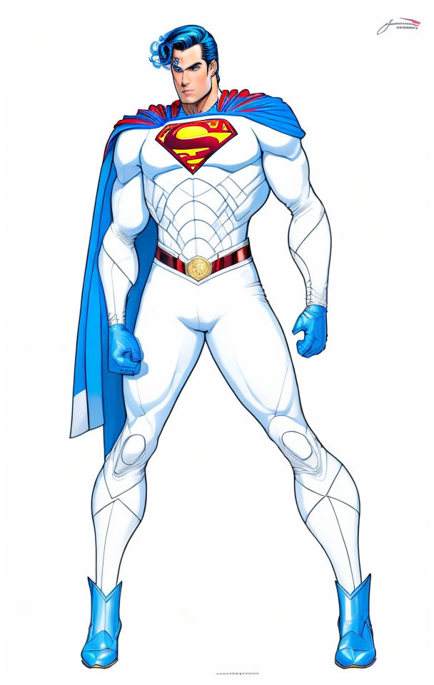 Superman illustration in classic blue and red costume with logo and cape