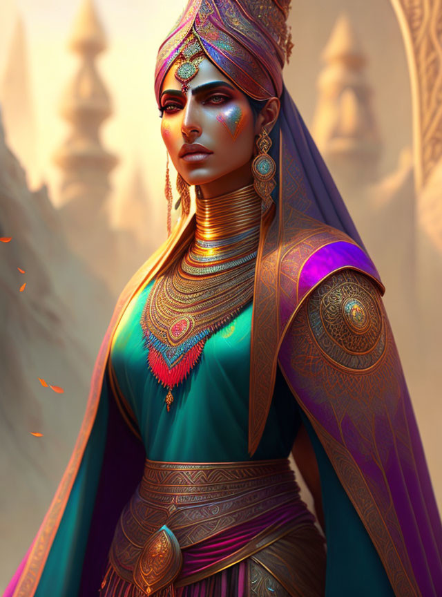 Regal woman in vibrant turban and golden jewelry poses confidently