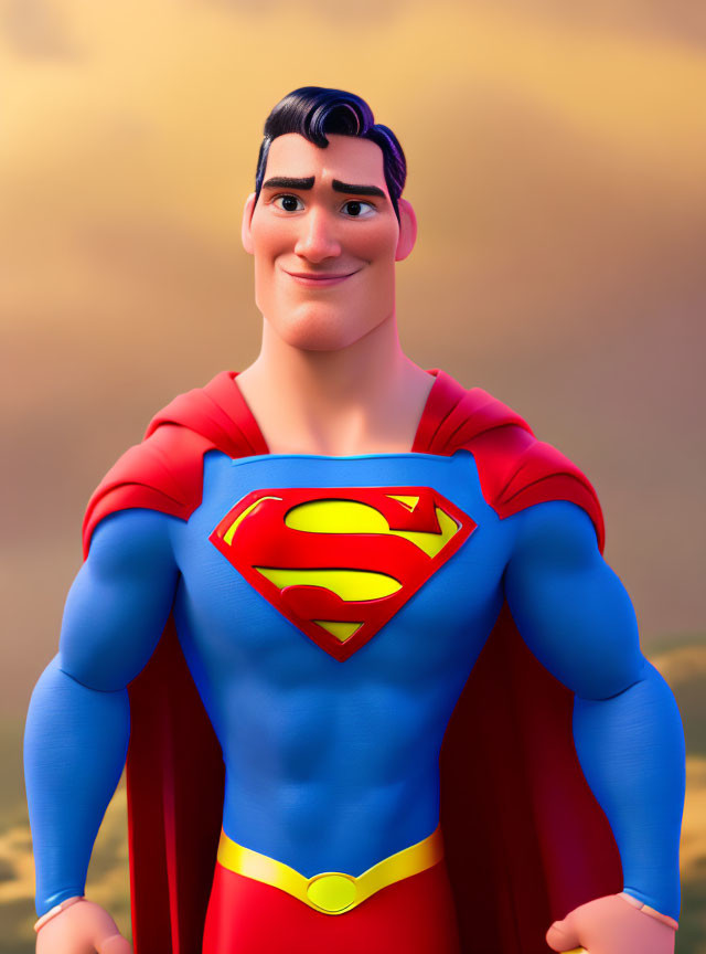 Stylized animated character resembling Superman in confident pose