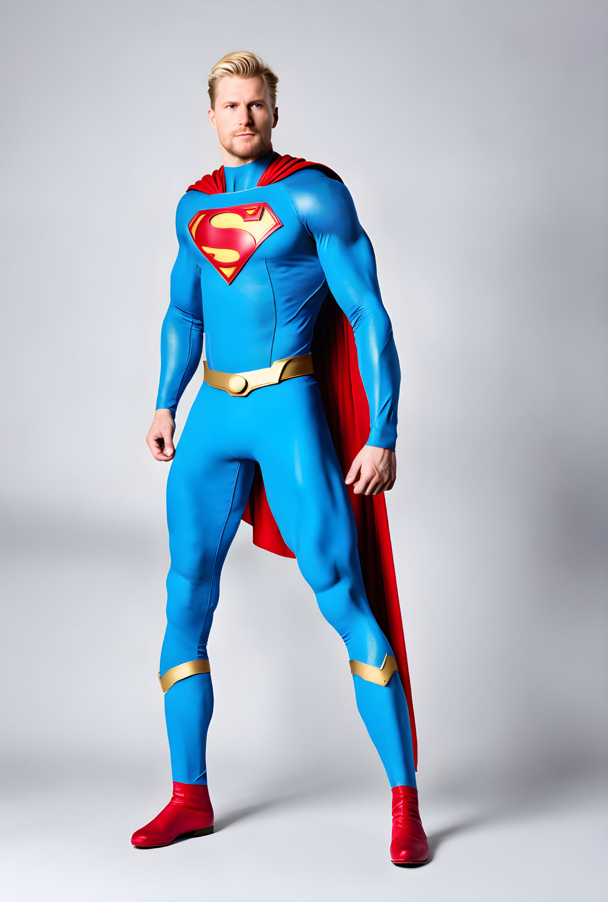 Superman costume with red cape and 'S' shield on grey background